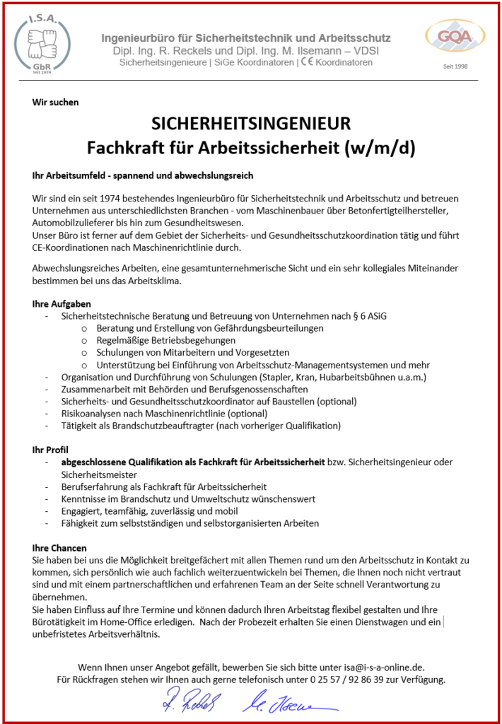 Stellenausschreibung Fachkraft für Arbeitssicherheit